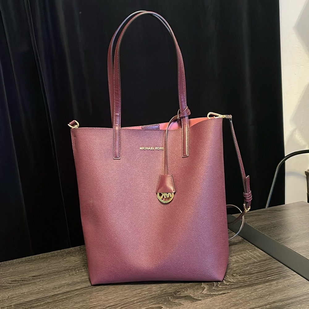 Michael Kors Plum Tote Bag with Crossbody Strap and Gold Hardware